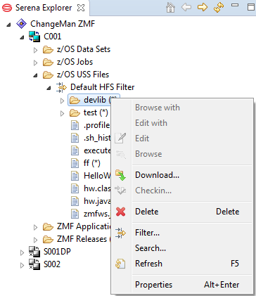 zFS folder contextual menu