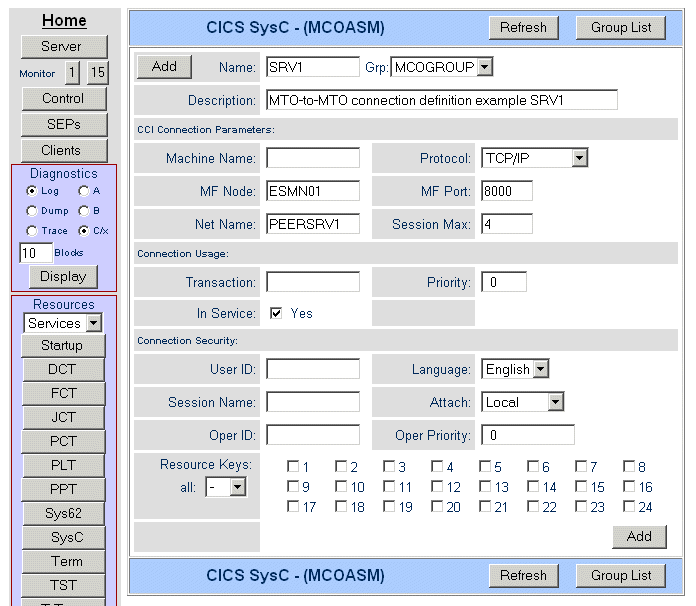 Example Connection Definition for PEERSRV1