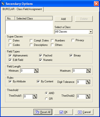 Secondary Options window