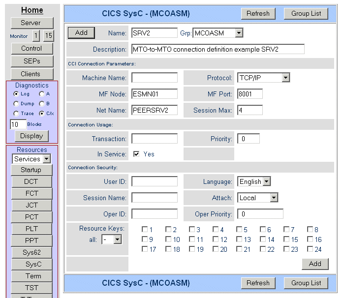 Example Connection Definition for PEERSRV2