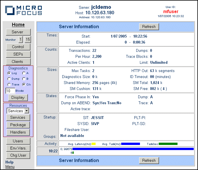 ESMAC Server information page for JCL