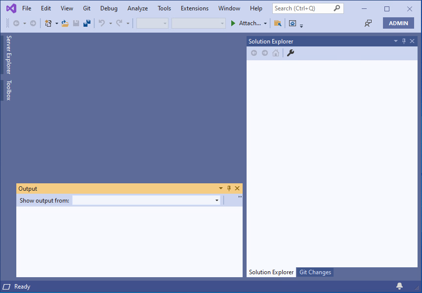 The default layout of windows inside Visual Studio
