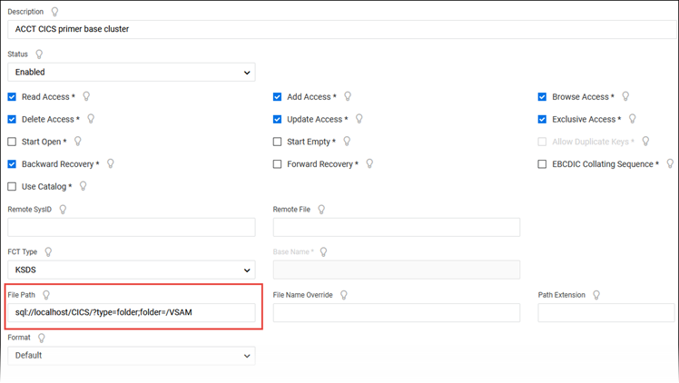 sql://localhost/CICS/?type=folder;folder=/VSAM specified in the File Path field of the FCT for ACCTFIL